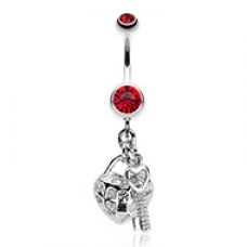 Puffed Heart Lock & Key Charm Dangle Belly Button Ring