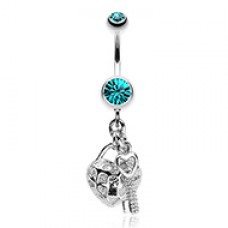 Puffed Heart Lock & Key Charm Dangle Belly Button Ring