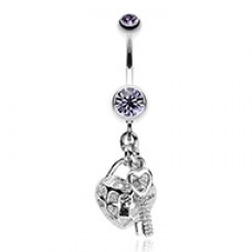 Puffed Heart Lock & Key Charm Dangle Belly Button Ring