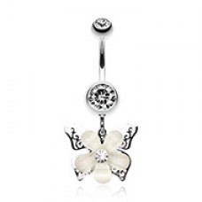 Glittered Flower Butterfly Belly Button Ring