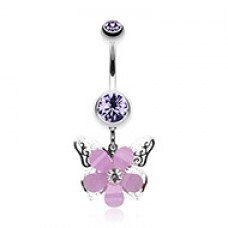 Glittered Flower Butterfly Belly Button Ring