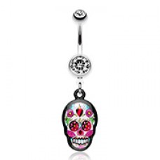 Brightly Colored Sugar Skull Print Belly Button Ring