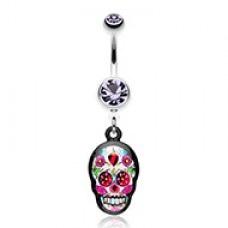 Brightly Colored Sugar Skull Print Belly Button Ring
