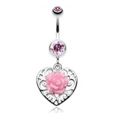 Glittering rose and Decorative Heart Belly Button Ring