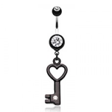 Gem Accented Heart Key Belly Button Ring