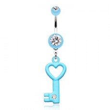 Gem Accented Heart Key Belly Button Ring