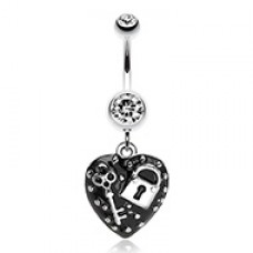 Lock & Key on Black Heart Dangle Belly Button Ring