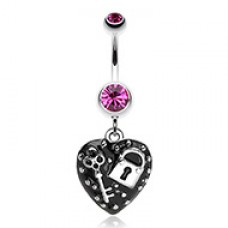 Lock & Key on Black Heart Dangle Belly Button Ring