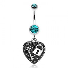 Lock & Key on Black Heart Dangle Belly Button Ring