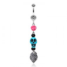 Colorful Rose Skull Leaf Dangle Belly Button Ring