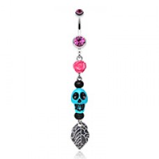 Colorful Rose Skull Leaf Dangle Belly Button Ring