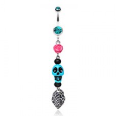 Colorful Rose Skull Leaf Dangle Belly Button Ring