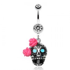 Bright Sugar Skull Rose Belly Button Ring