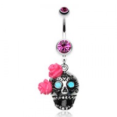 Bright Sugar Skull Rose Belly Button Ring