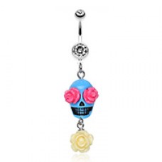 Florid Sugar Skull Dangle Belly Button Ring