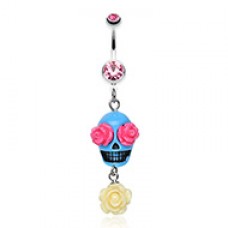 Florid Sugar Skull Dangle Belly Button Ring