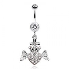 Ultra Bright Crowned Angel Heart and Cross Belly Button Ring