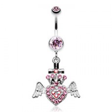Ultra Bright Crowned Angel Heart and Cross Belly Button Ring