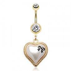 Golden Puffed Pearl Bow-Tie Heart Belly Button Ring