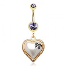 Golden Puffed Pearl Bow-Tie Heart Belly Button Ring