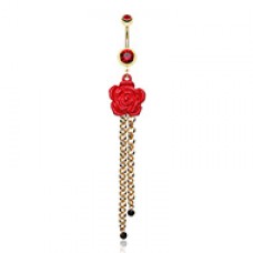 Beautiful Full Bloom Rose Gem Drop Belly Button Ring