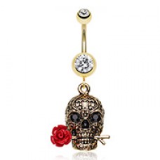 Golden Skull Rose Belly Button Ring