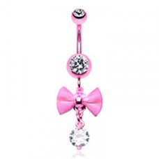 Pink Dainty Mesh Bow Gem Sparkle Belly Button Ring