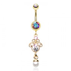Golden Elegant Jeweled Pearl Dangle Belly Button Ring