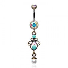 Vintage Brass Burnish Elegant Jeweled Pearl Belly Button Ring