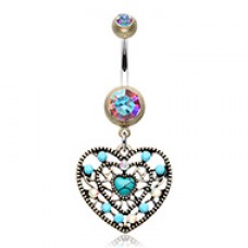 Vintage Boho Filigree Turquoise Heart Belly Button Ring