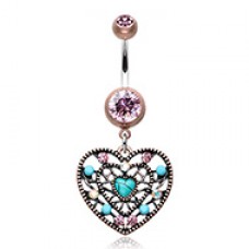 Vintage Boho Filigree Turquoise Heart Belly Button Ring