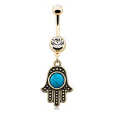 Golden Turquoise Hamsa Belly Button Ring