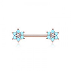 Rose Gold Turquoise Spring Flower Sparkle Prong Set Nipple Barbell Ring