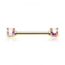 Golden Double Prong Brilliant Sparkle Gem Nipple Barbell Ring