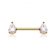 Gold Double Teardrop Pear Shape Gem Nipple Barbell Ring