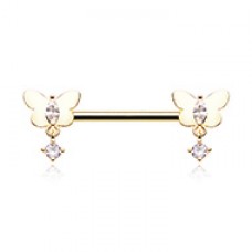 Golden Butterfly Dangle Gem Nipple Barbell Ring