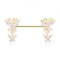 Golden Double Butterfly Dangle Nipple Barbell Ring