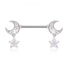 Double Moon Twinkle Star Dangle Nipple Barbell Ring