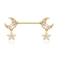 Golden Double Moon Twinkle Star Dangle Nipple Barbell Ring