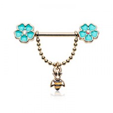 Golden In Bloom Flower Bee Dangle Chain Nipple Barbell Ring