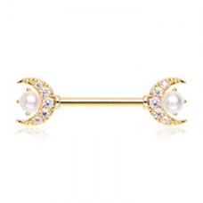 Golden Double Moon Pearl Nipple Barbell Ring