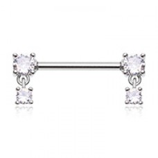 Double Prong Dangle Cubic Zirconia Gem Nipple Barbell Ring