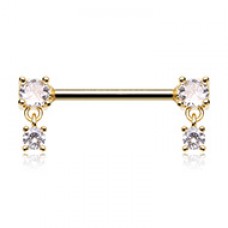 Golden Double Prong Dangle Cubic Zirconia Gem Nipple Barbell Ring