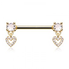 Golden Double Prong Heart Dangle Cubic Zirconia Gem Nipple Barbell Ring
