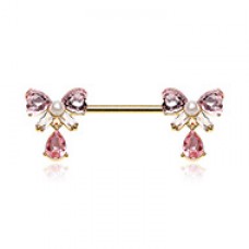 Golden Coquette Pearl Bow Dangle Nipple Barbell Ring