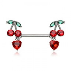 CZ Cherries Cherry Heart Dangle Nipple Barbell Ring