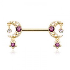 Golden Celestial Moon Star Dangle Nipple Barbell Ring