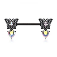 Dark Iridescent Butterfly Heart Dangle Nipple Barbell Ring
