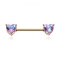 Golden Cubic CZ Iridescent Double Heart Gem Nipple Barbell Ring