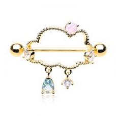 Golden Only Happy when it Rains Gem Drop Dangle Nipple Shield Ring